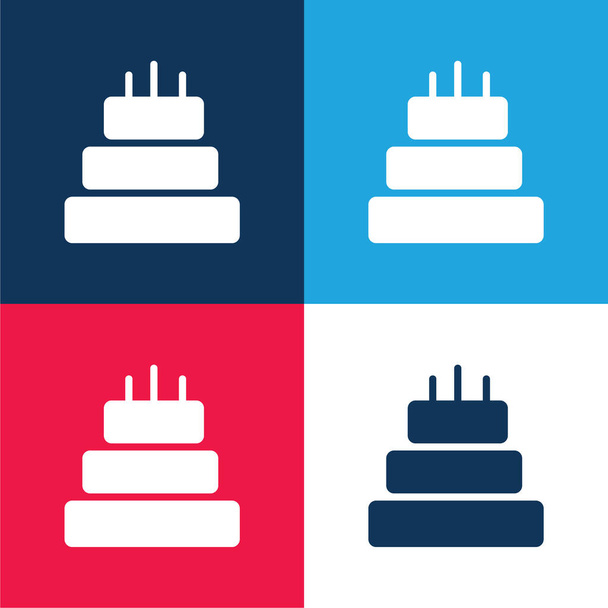 Gâteau d'anniversaire de trois gâteaux bleu et rouge quatre couleurs ensemble d'icône minimale - Vecteur, image