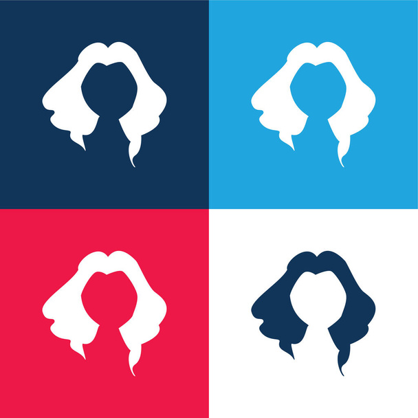 ブラックロング女性の髪の形青と赤の4色の最小アイコンセット - ベクター画像