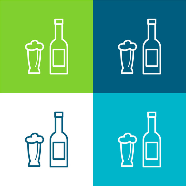 Beer Bottle And Glass Flat four color minimal icon set - Vector, Image
