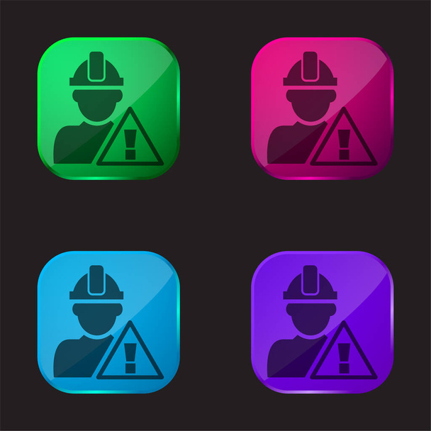 Προσοχή σήμα και εργαζόμενος οικοδομών τέσσερις εικονίδιο κουμπί γυαλί χρώμα - Διάνυσμα, εικόνα