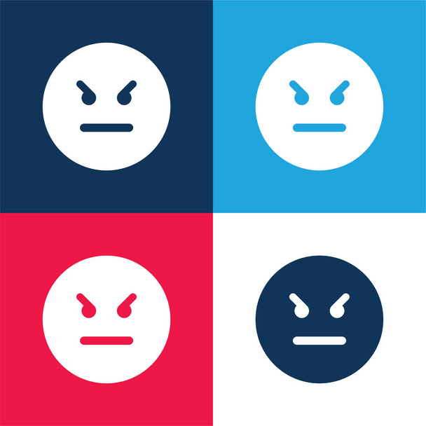 Разгневанный Квадратный Квадрат Face синий и красный четырехцветный минимальный набор значков - Вектор,изображение