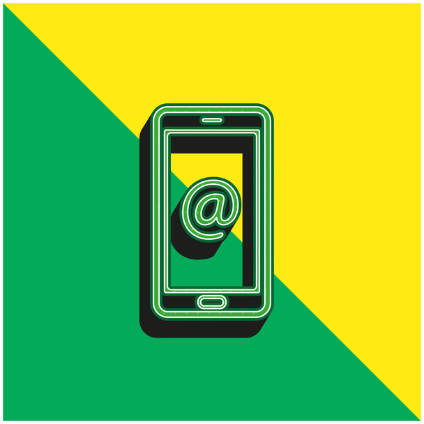 Arroba Sign On Mobile Phone Screen Zöld és sárga modern 3D vektor ikon logó - Vektor, kép