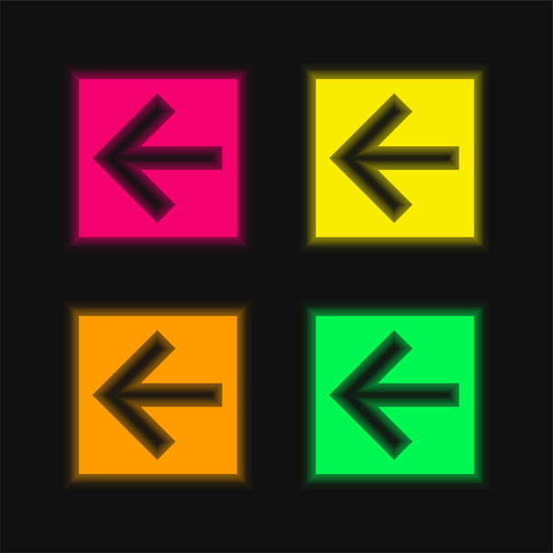 Flèche arrière gauche en bouton carré quatre couleurs brillant icône vectorielle néon - Vecteur, image
