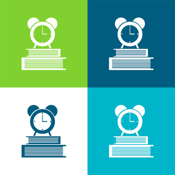 Βιβλία και ρολόι με συναγερμό Επίπεδη τέσσερις χρώμα ελάχιστο σύνολο εικονιδίων - Διάνυσμα, εικόνα