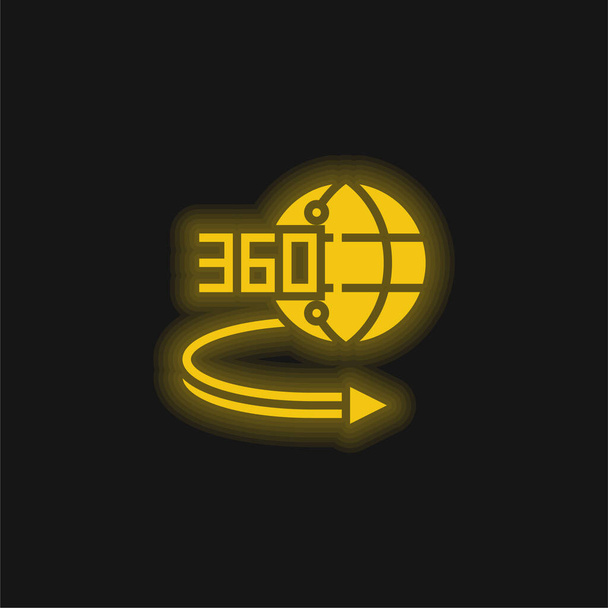 360 Grad gelb leuchtendes Neon-Symbol - Vektor, Bild