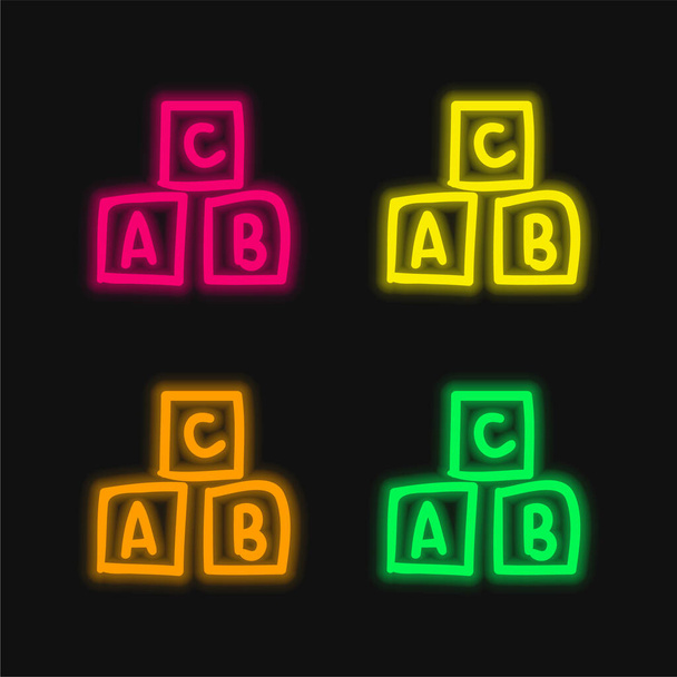 ABCハンドドローおもちゃキューブ4色輝くネオンベクトルアイコン - ベクター画像