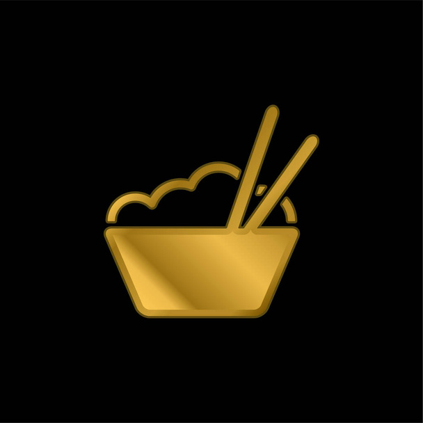 Tigela com arroz e pauzinhos banhado a ouro ícone metálico ou vetor logotipo - Vetor, Imagem