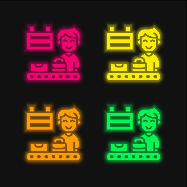 Bagage quatre couleurs brillant icône vectorielle néon - Vecteur, image