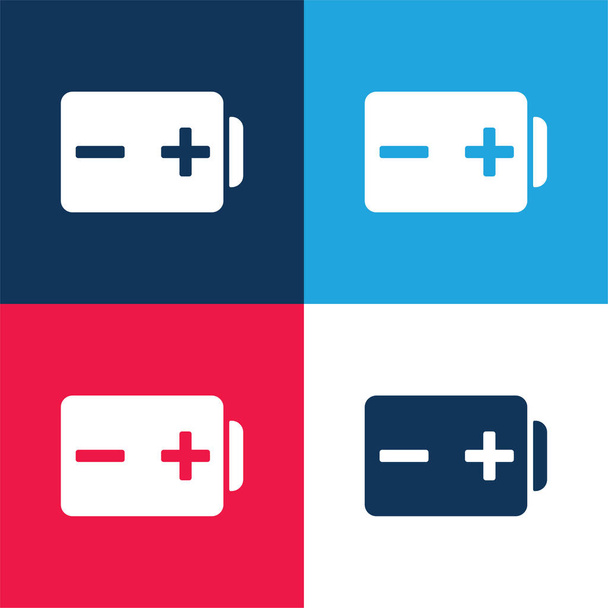 Batería con postes positivos y negativos signos azul y rojo conjunto de iconos mínimo de cuatro colores - Vector, imagen