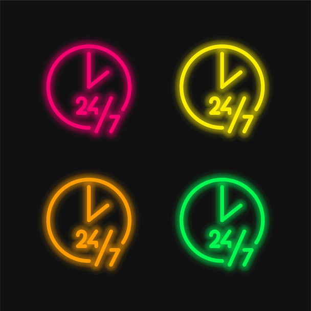 24 Stunden leuchtende Neon-Vektorsymbole in vier Farben - Vektor, Bild