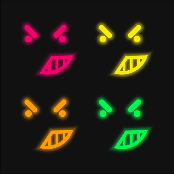 Enojo en la cara emoticono de cuadrado redondeado Esquema de cuatro colores brillante icono de vectores de neón - Vector, Imagen
