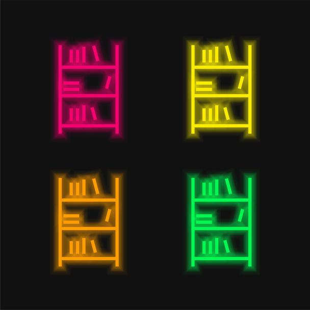 Prateleira de livro quatro cores brilhante ícone vetor de néon - Vetor, Imagem