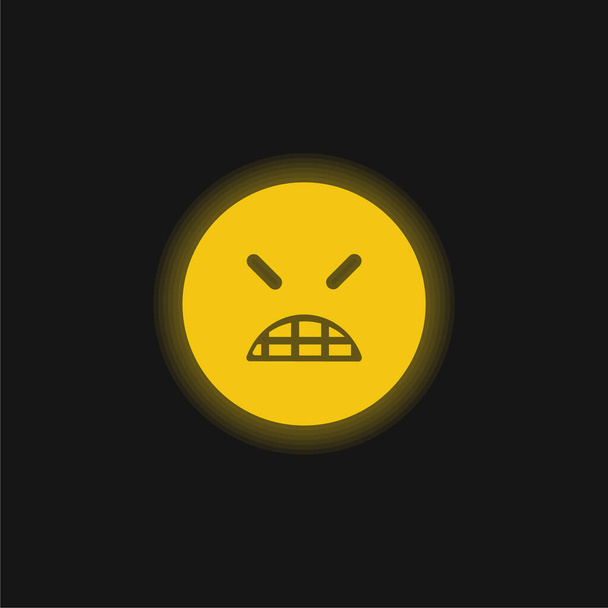 Emoticon irritado cara quadrada com olhos fechados ícone de néon brilhante amarelo - Vetor, Imagem