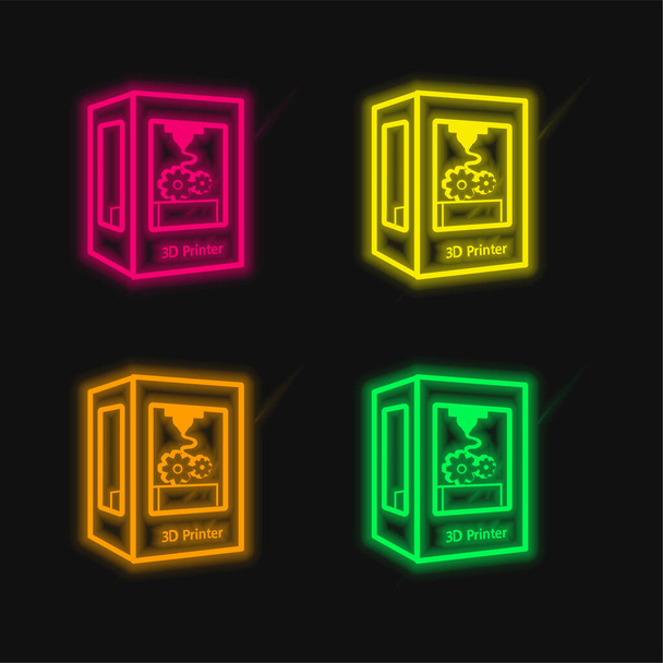 Configurações de ferramenta de impressora 3d ícone de vetor de néon brilhante de quatro cores - Vetor, Imagem