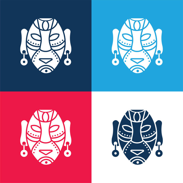 African Mask blue and red four color minimal icon set - Vector, Image