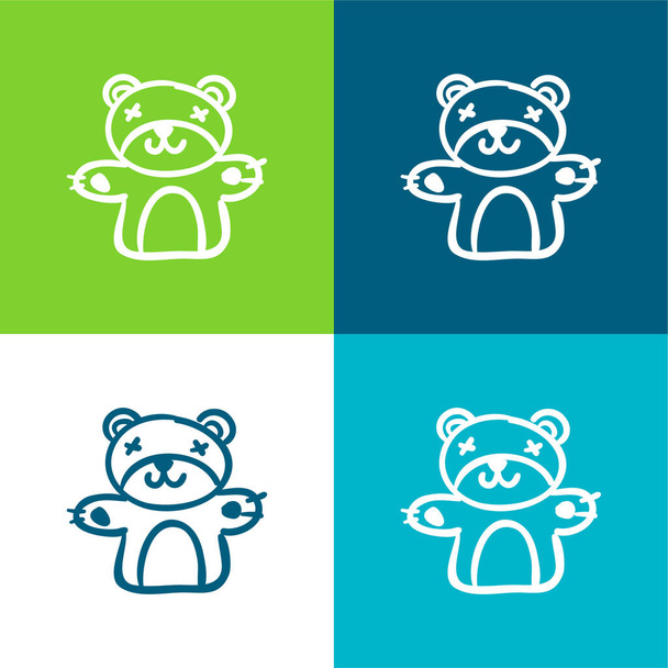 Bear Toy Επίπεδη τεσσάρων χρωμάτων ελάχιστη σύνολο εικονιδίων - Διάνυσμα, εικόνα