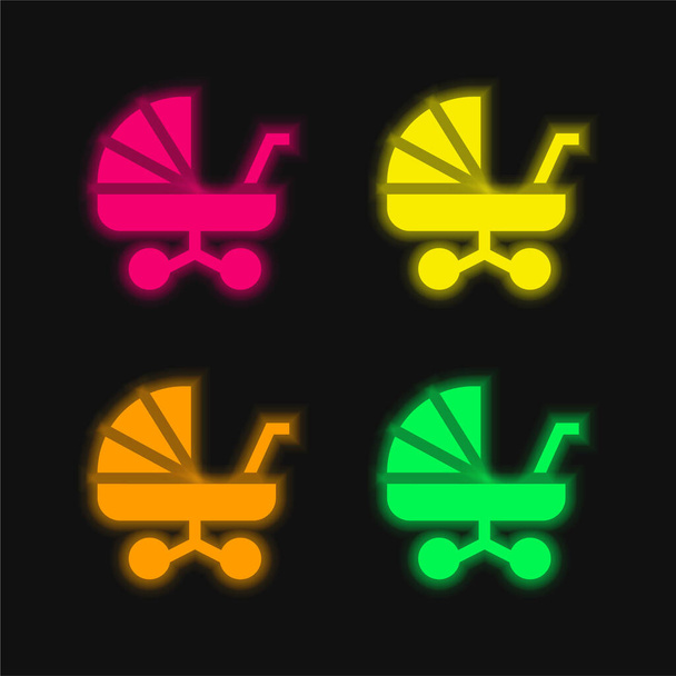 Baby Carriage four color glowing neon vector icon - Vector, Image