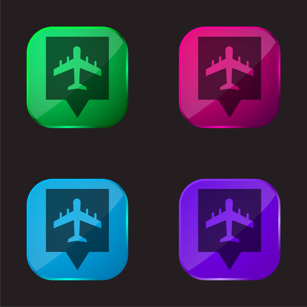Airport Pin four color glass button icon - Vector, Image