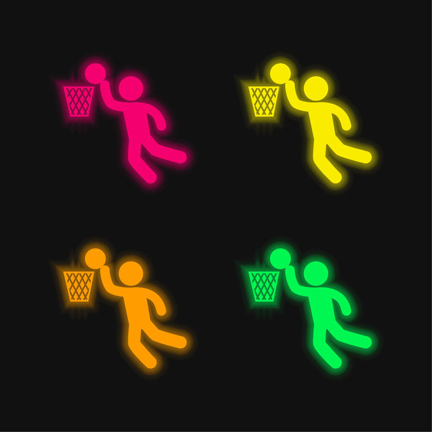 バスケットボール選手4色の輝くネオンベクトルのアイコンを得点 - ベクター画像