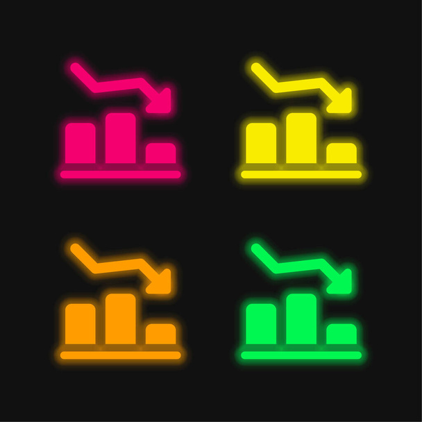 Balkendiagramm mit leuchtenden Neon-Vektorsymbolen in vier Farben - Vektor, Bild