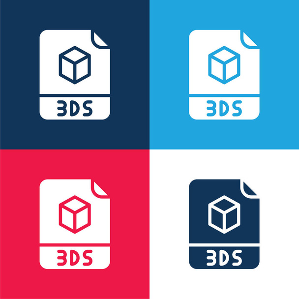 3ds kék és piros négy szín minimális ikon készlet - Vektor, kép