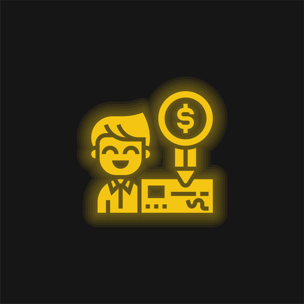 銀行黄色の輝くネオンアイコンをチェック - ベクター画像