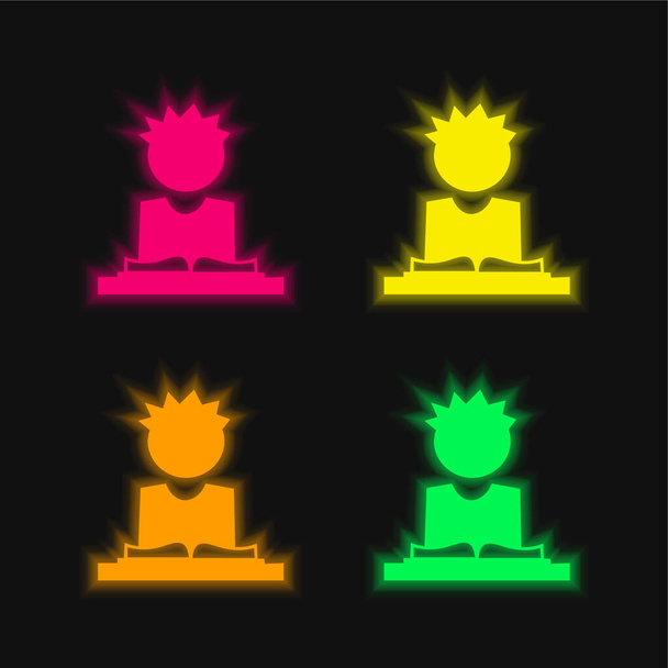 Boy Reading Study Book To Learn The Lesson For Next Day Class four color glowing neon vector icon - Vector, Image