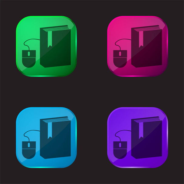 Libro e mouse quattro colori icona pulsante di vetro - Vettoriali, immagini