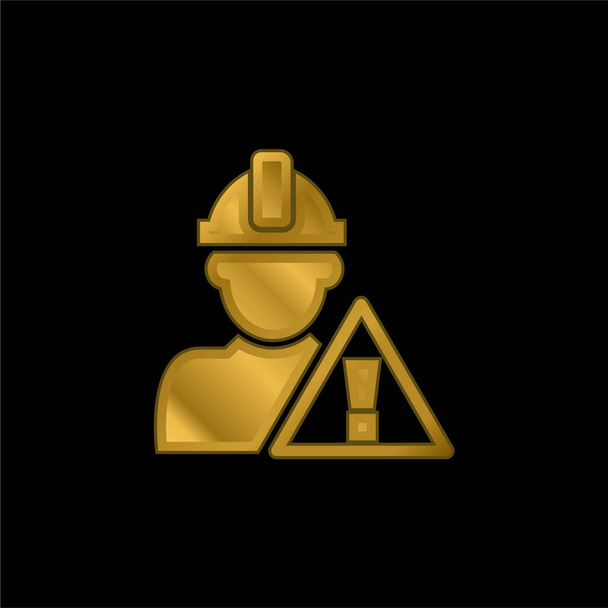 Προσοχή σήμα και κατασκευή εργαζόμενος επίχρυσο μεταλλικό εικονίδιο ή το λογότυπο διάνυσμα - Διάνυσμα, εικόνα