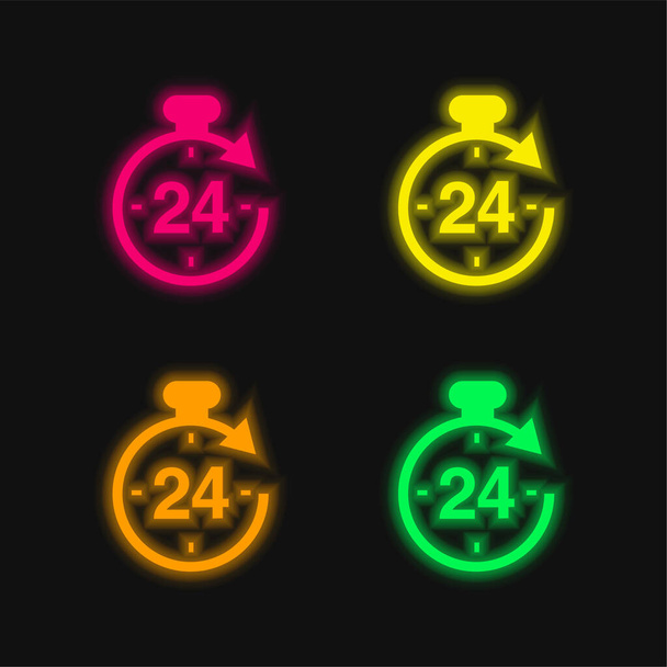 24 Horas de cuatro colores brillante icono de vectores de neón - Vector, imagen