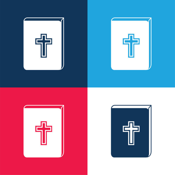 Bibel mit Kreuzzeichen vor blauem und rotem Vierfarb-Minimalsymbolset - Vektor, Bild