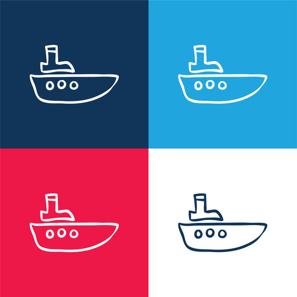 Boot Hand gezeichnete Umrisse blau und rot vier Farben minimalen Symbolsatz - Vektor, Bild