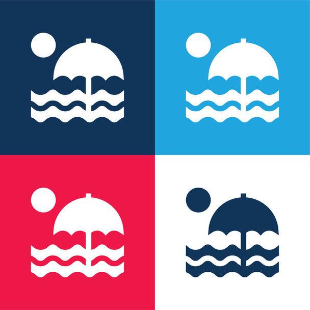 Pláž modrá a červená čtyři barvy minimální ikona nastavena - Vektor, obrázek
