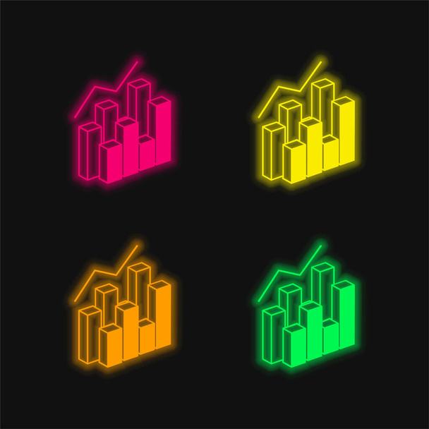 3d Data Analytics Dual Bars Graphic four color glowing neon vector icon - Vector, Image