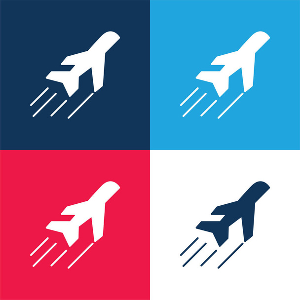 飛行機サイドビュー飛行青と赤の4色の最小アイコンセット - ベクター画像
