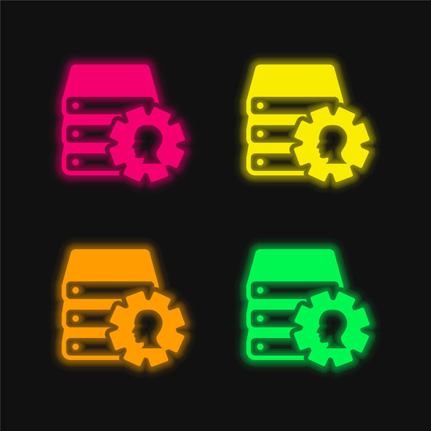 Books Stack With Cogwheel And Male Side View Image four color glowing neon vector icon - Wektor, obraz