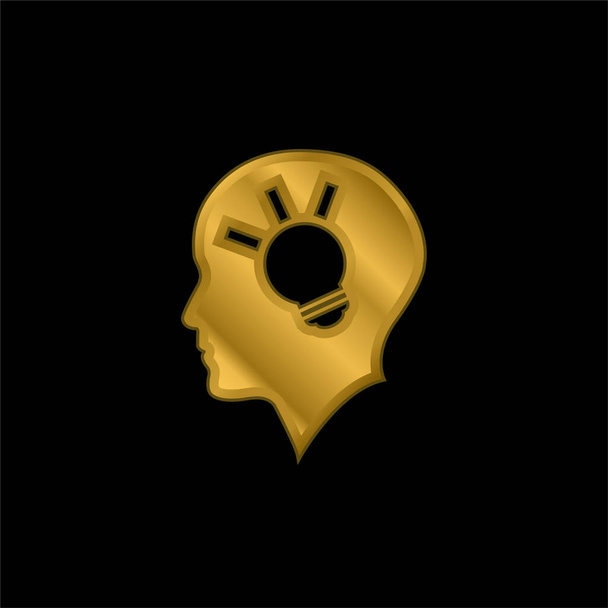 Kahlkopf-Seitenansicht mit einer Glühbirne im Inneren vergoldet metallisches Symbol oder Logo-Vektor - Vektor, Bild