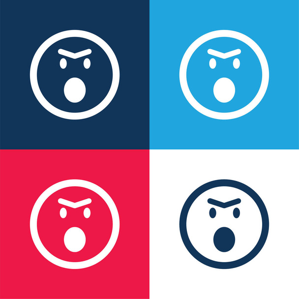 Angry Emoticon visage avec bouche ouverte dans rond carré contour bleu et rouge quatre couleurs minimum icône ensemble - Vecteur, image