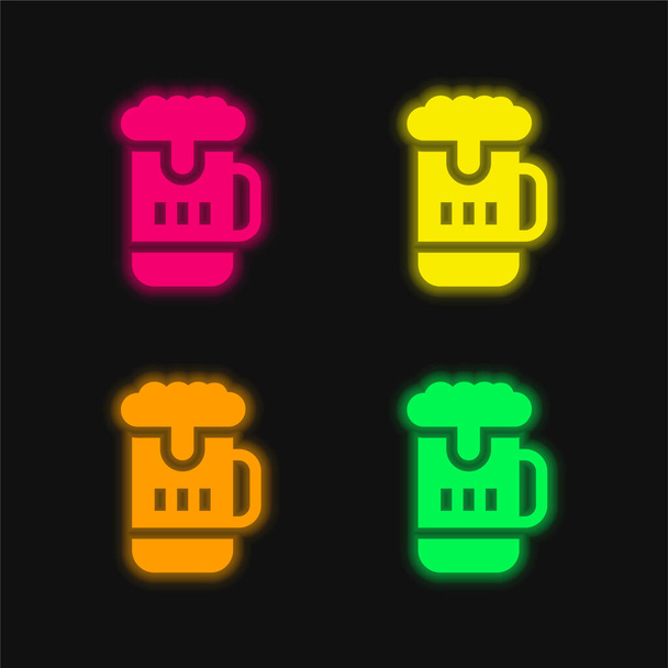 Tazza di birra quattro colori incandescente icona vettoriale al neon - Vettoriali, immagini
