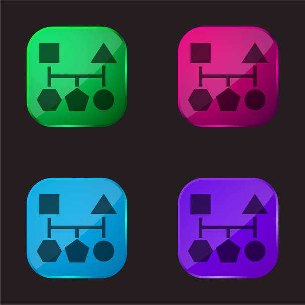 блоки схема пяти геометрических основных черных форм четыре цветные кнопки стекло значок - Вектор,изображение