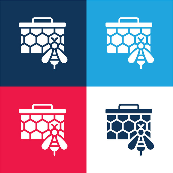 Bees blue and red four color minimal icon set - Vektör, Görsel