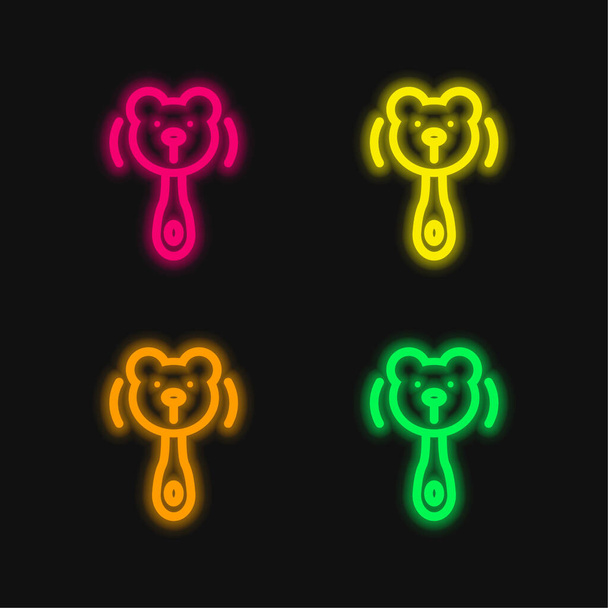 Bear Rattle Outline four color glowing neon vector icon - Διάνυσμα, εικόνα