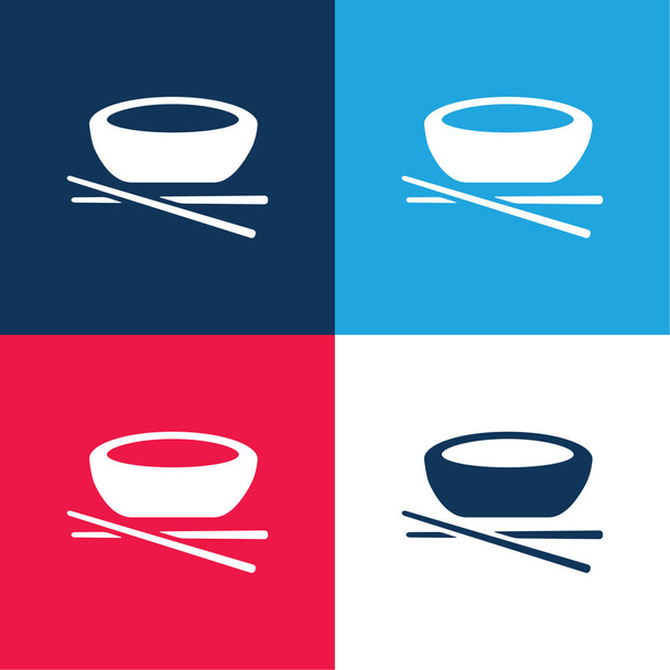 Bowl Ja Syömäpuikot sininen ja punainen nelivärinen minimaalinen kuvakesarja - Vektori, kuva