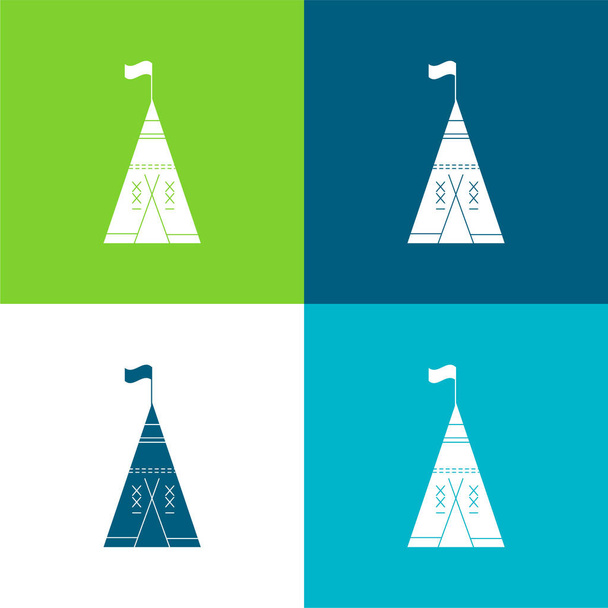 African Tribal Tent With Flag Flat four color minimal icon set - Vector, Imagen