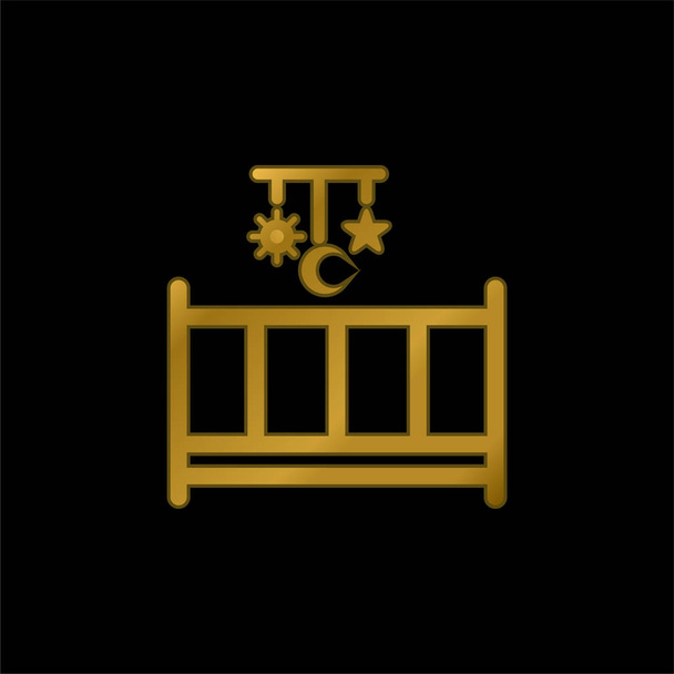 Baby Bed With A Mobile Toy With Hanging Shapes Of Sun Moon And Star gold plated metalic icon or logo vector - Διάνυσμα, εικόνα
