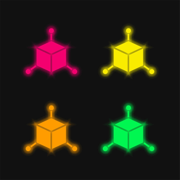 3d Cube four color glowing neon vector icon - Vector, Image