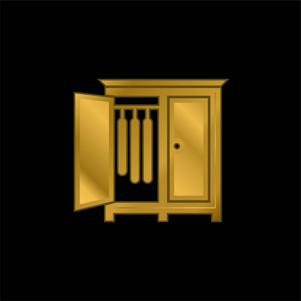 Armoire de chambre à coucher avec porte ouverte du côté pour accrocher des vêtements plaqué or icône métallique ou logo vecteur - Vecteur, image