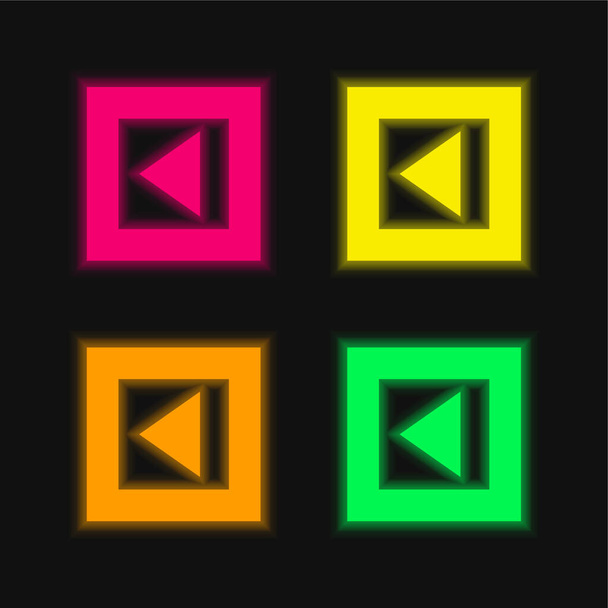Triangle de flèche arrière dans le bouton carré brut quatre couleur brillant icône vectorielle néon - Vecteur, image
