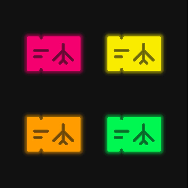 Flugticket vier Farben leuchtenden Neon-Vektor-Symbol - Vektor, Bild