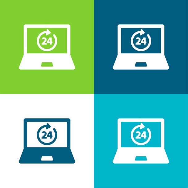 24 Hours On Laptop Screen Flat four color minimal icon set - Vector, Image